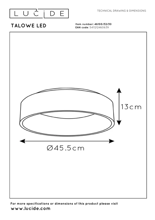Lucide TALOWE LED - Lámpara de techo - Ø 45,5 cm - LED Regul. - 1x30W 3000K - Negro - técnico